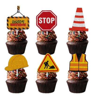 18pcs Gold Glitter Dessert Cupcake Topper Pick for Construction Tool Worker Theme Decor Supplies Men Women Kids Happy Birthday Party Decorations