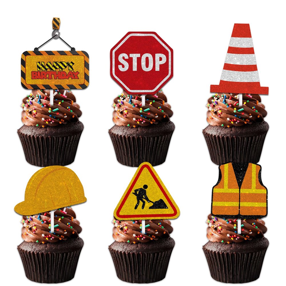 18pcs Gold Glitter Dessert Cupcake Topper Pick for Construction Tool Worker Theme Decor Supplies Men Women Kids Happy Birthday Party Decorations