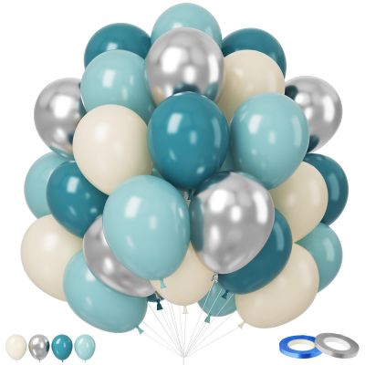 Dusty Blue Silver Balloons, 12 Inch 50pcs Slate Blue Fog Blue Silver Balloons Cream Balloons Metallic Silver Latex Balloons Baby Blue Confetti Balloon for Birthday Graduations Party Baby Shower