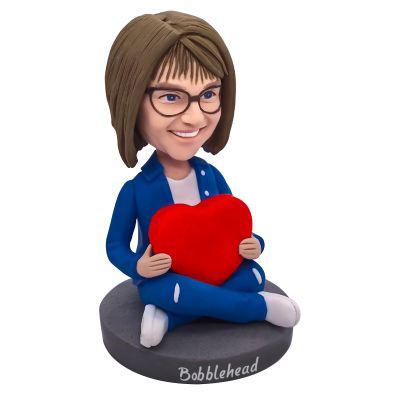 Personalized Bobblehead Figure with Young Woman Holding a Heart, Happy Beauty Toy for Private Collectibles Blue and Red Sculpture Each nches Handmade Clay Figurine