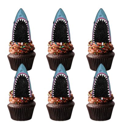 18pcs Blue Glitter Big Mouth Shark Dessert Cupcake Topper Pick for Retro Hip Hop 70s Disco DJ Theme Decor Supplies Baby Shower Men Women Happy Birthday Party Decorations