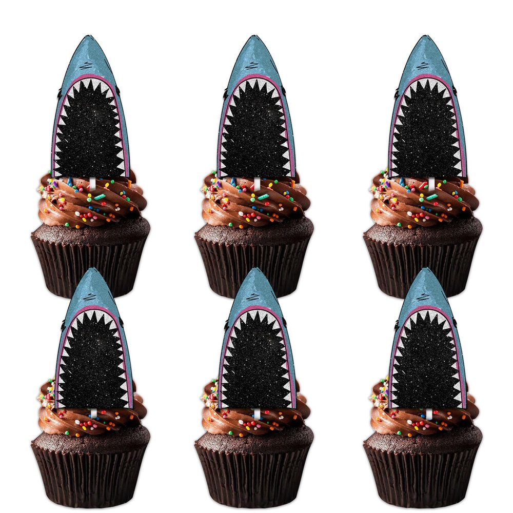 18pcs Blue Glitter Big Mouth Shark Dessert Cupcake Topper Pick for Retro Hip Hop 70s Disco DJ Theme Decor Supplies Baby Shower Men Women Happy Birthday Party Decorations
