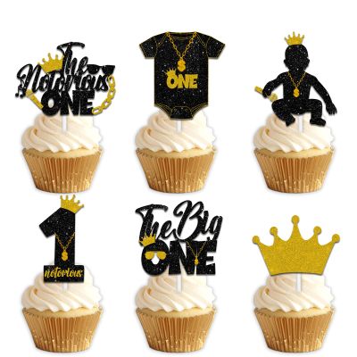 18pcs Black Gold Glitter Dessert Cupcake Topper Pick for Hip Hop The Big One The Notorious One Theme Decor Supplies Baby Shower Happy Birthday Party Decorations