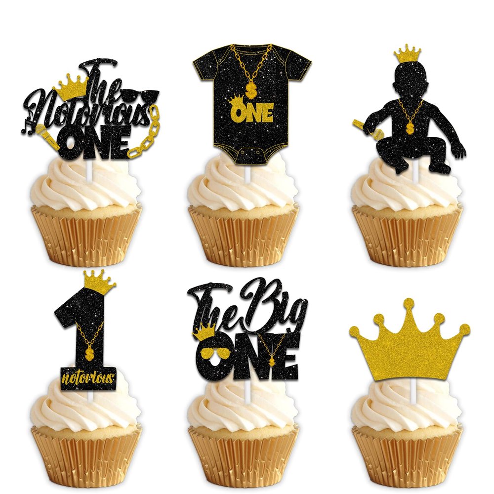 18pcs Black Gold Glitter Dessert Cupcake Topper Pick for Hip Hop The Big One The Notorious One Theme Decor Supplies Baby Shower Happy Birthday Party Decorations