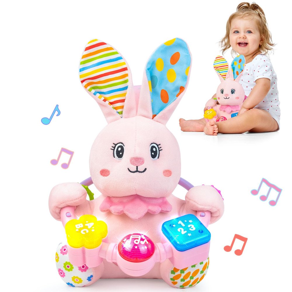 Baby Rabbit Musical Stuffed Animals Toy,Infant Bunny Bilingual Early Learning Education Toy with Light-Up Music & Crinkle,1st Easter Basket Shower Stuffers for 0 1 2 3 6 9 12 18 Month Girl,Pink
