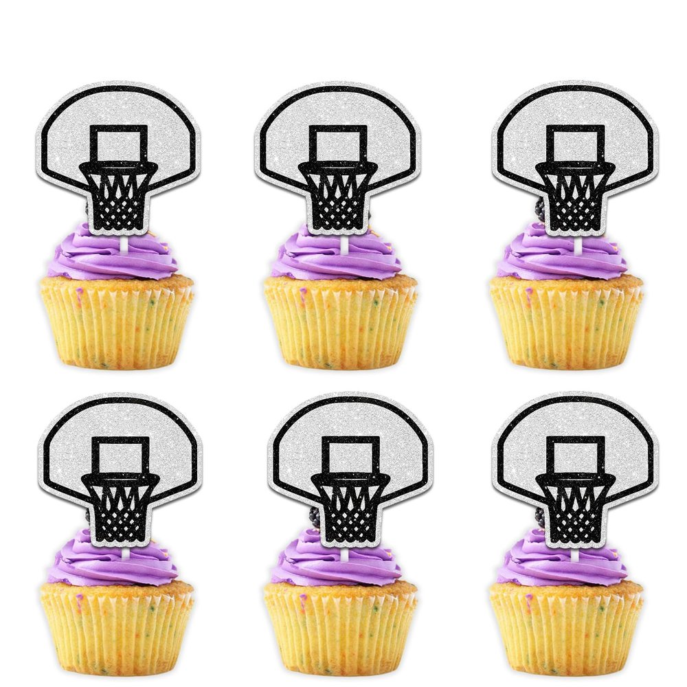 18pcs Black Glitter Basketball Hoop Dessert Cupcake Topper Pick for Play Basketball Theme Decor Supplies Men Boys Happy Birthday Sports Stars Party Decorations