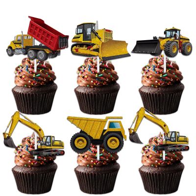 18pcs Gold Glitter Excavator Car Dessert Cupcake Topper Pick for Construction Excavator Worker Theme Decor Supplies Men Women Kids Happy Birthday Party Decorations