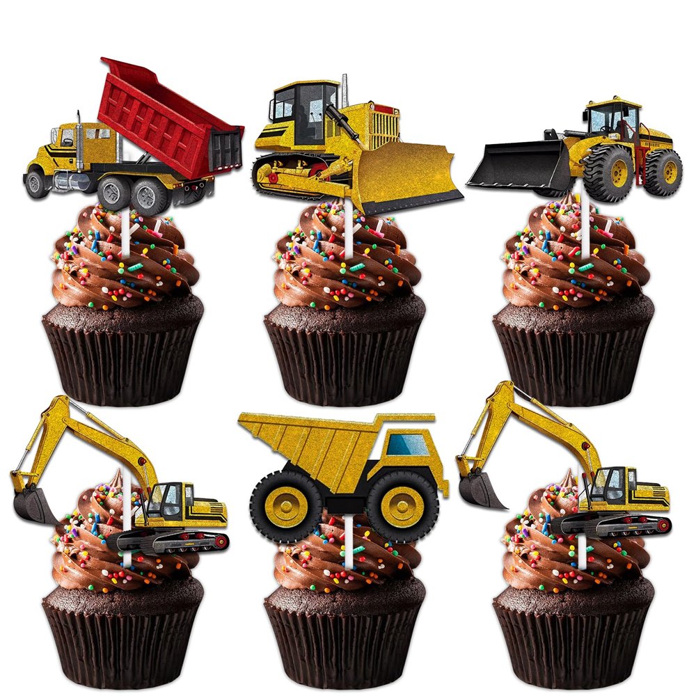 18pcs Gold Glitter Excavator Car Dessert Cupcake Topper Pick for Construction Excavator Worker Theme Decor Supplies Men Women Kids Happy Birthday Party Decorations