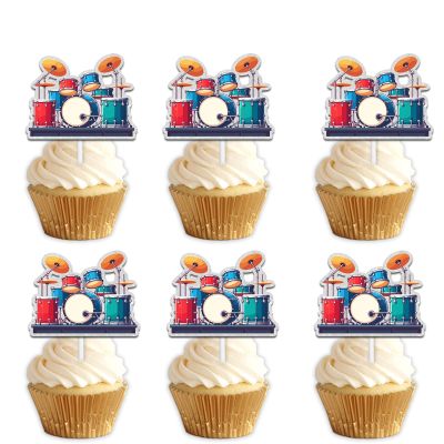 18pcs Glitter Drum Dessert Cupcake Topper Pick for Music Rock Roll Theme Decor Supplies Men Women Happy Birthday Party Decorations