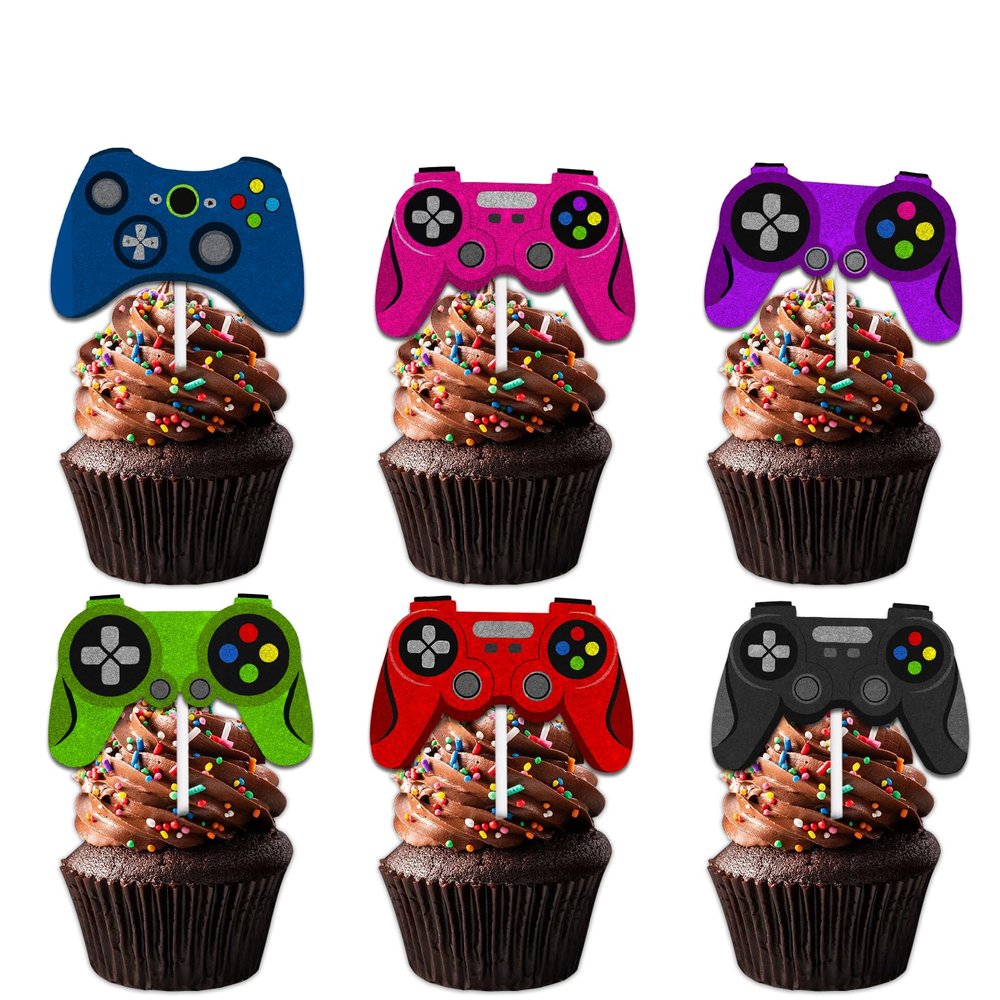 18pcs Glitter Video Game Dessert Cupcake Topper Pick for Controller Gaming Fans Theme Decor Supplies Men Women Kid Happy Birthday Anniversary Party Decorations