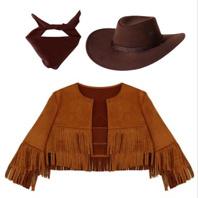 Lorilida Unisex Kids Cowboy Outfit Long Sleeve Jacket Cowboy Vest with Hat Bandana Cowgirl Costume Brown 16 Years