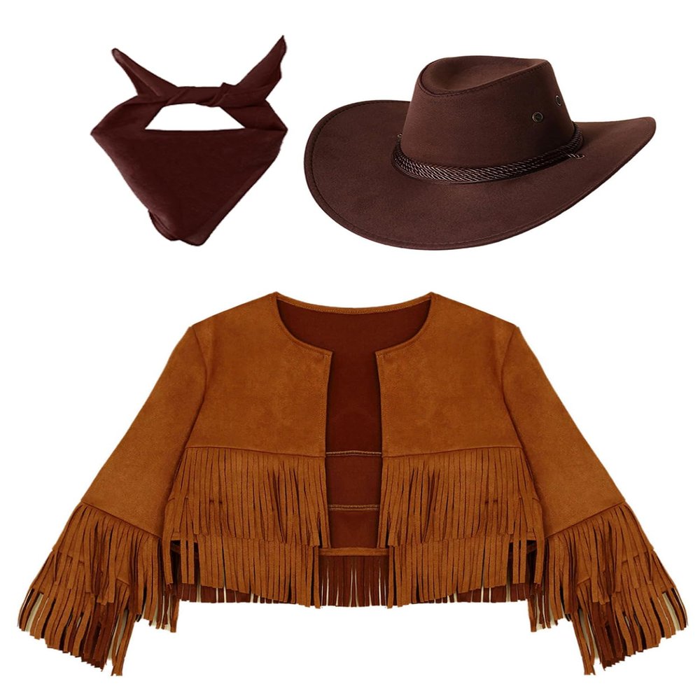 Lorilida Unisex Kids Cowboy Outfit Long Sleeve Jacket Cowboy Vest with Hat Bandana Cowgirl Costume Brown 16 Years