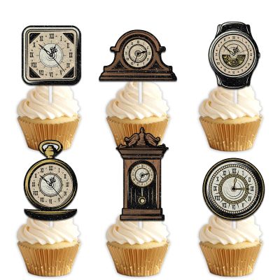 18pcs Glitter Retro Clock Dessert Cupcake Topper Pick for Return to the Ancients Theme Decor Supplies Baby Shower Men Women Anniversary Happy Birthday Party Decorations