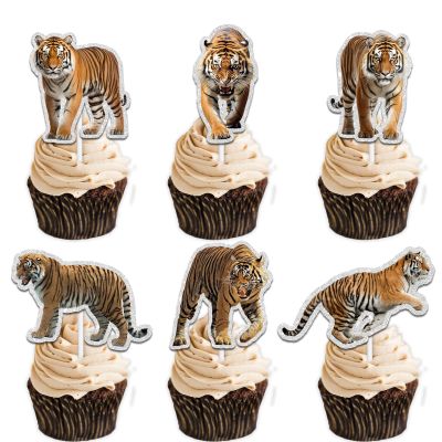 18pcs Gold Glitter Tiger Dessert Cupcake Topper Pick for King of Animals Theme Decor Supplies Baby Shower Boy Girl Happy Birthday Party Decoration