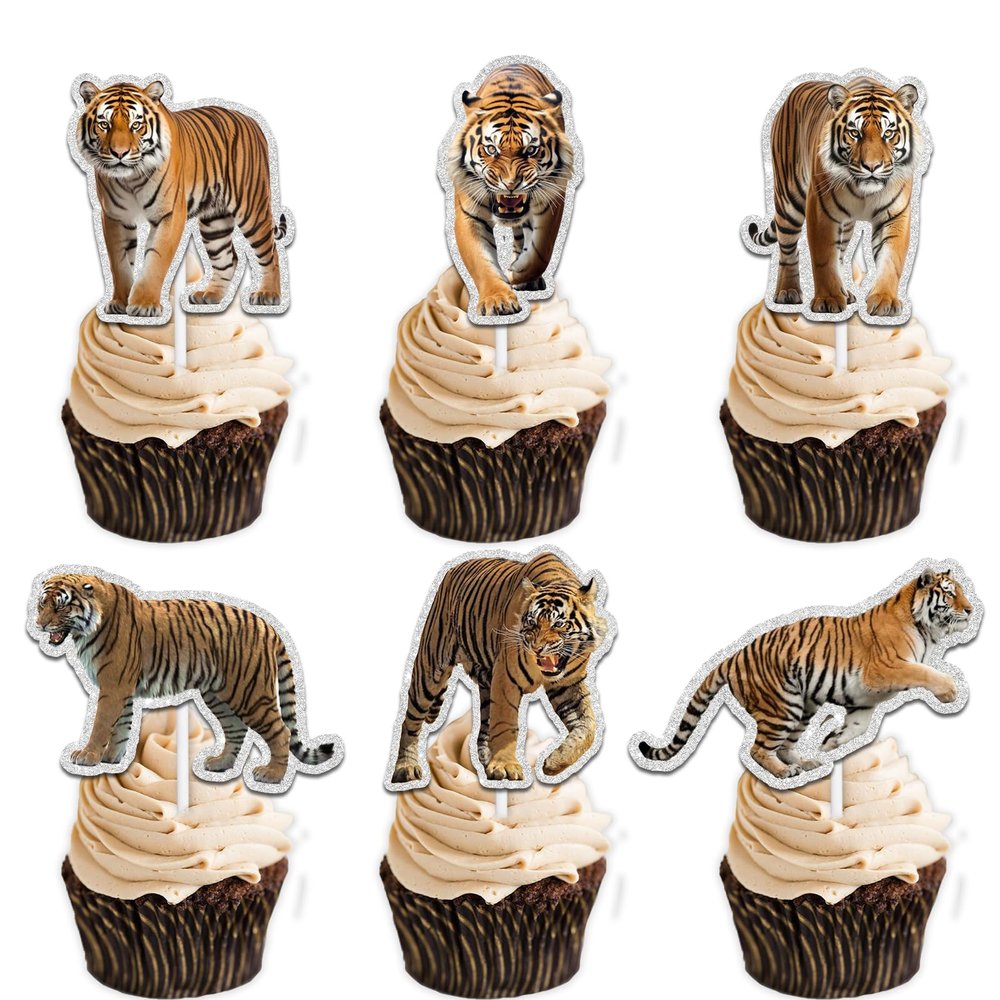 18pcs Gold Glitter Tiger Dessert Cupcake Topper Pick for King of Animals Theme Decor Supplies Baby Shower Boy Girl Happy Birthday Party Decoration