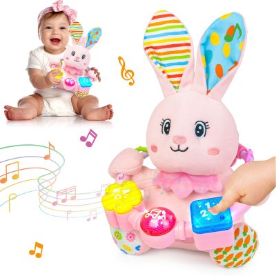Ryotagift Baby Bilingual Musical Rabbit Stuffed Animals Toys,Infant Early Learning Toy with Light-Up Music & Crinkle,Tummy Time Toys for 0 3 6 9 12+ Months for Baby Boy Girl Gift,Pink