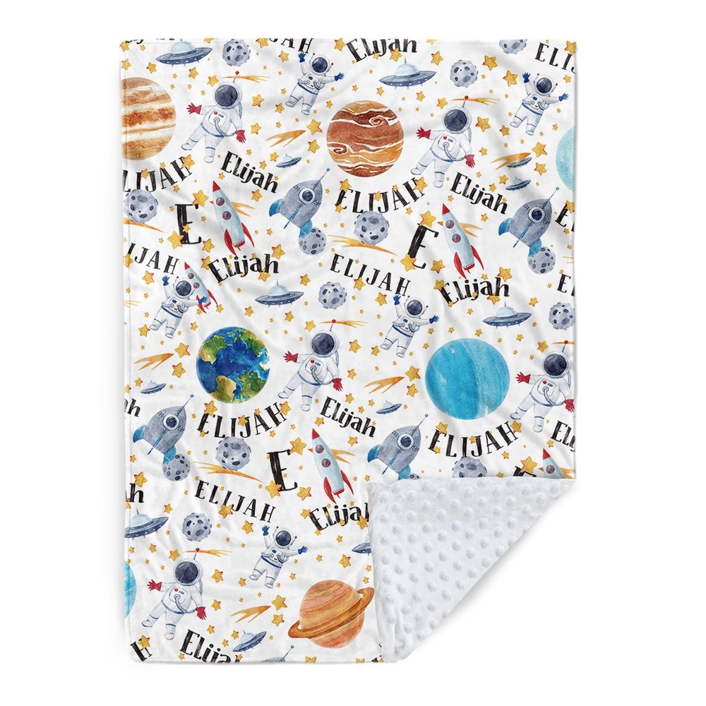 KAINSY Personalized Baby Blanket, Custom Baby Blanket for Girl Boy with Name, Double Layer Dotted Backing Receiving Swaddle Blanket, Customized Gift for Toddler Infant, Astronaut & Stars(47"x60")