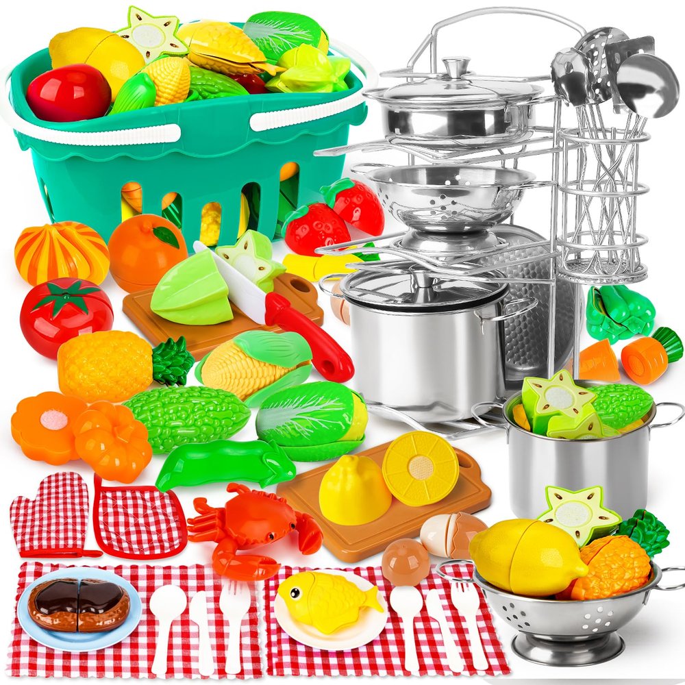 95PCS Kids Pretend Play Kitchen Toys Accessories, Kids Kitchen Playset, Stainless Steel Cookware Pots and Pans Cooking Toys, Pretend Cutting Play Food Set