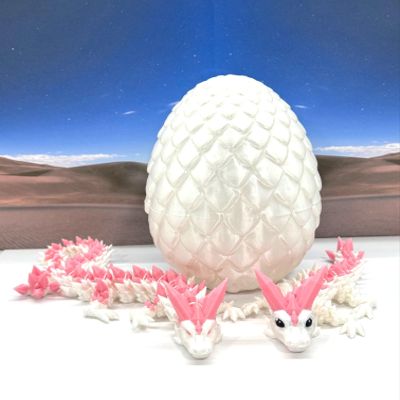3D Printed Dragons with Dragon Egg, Articulated Mother and Child Dragons, White and Pink Crystal Dragons, Fidget ADHD Autism Toy MCD-062-007-WP-WE