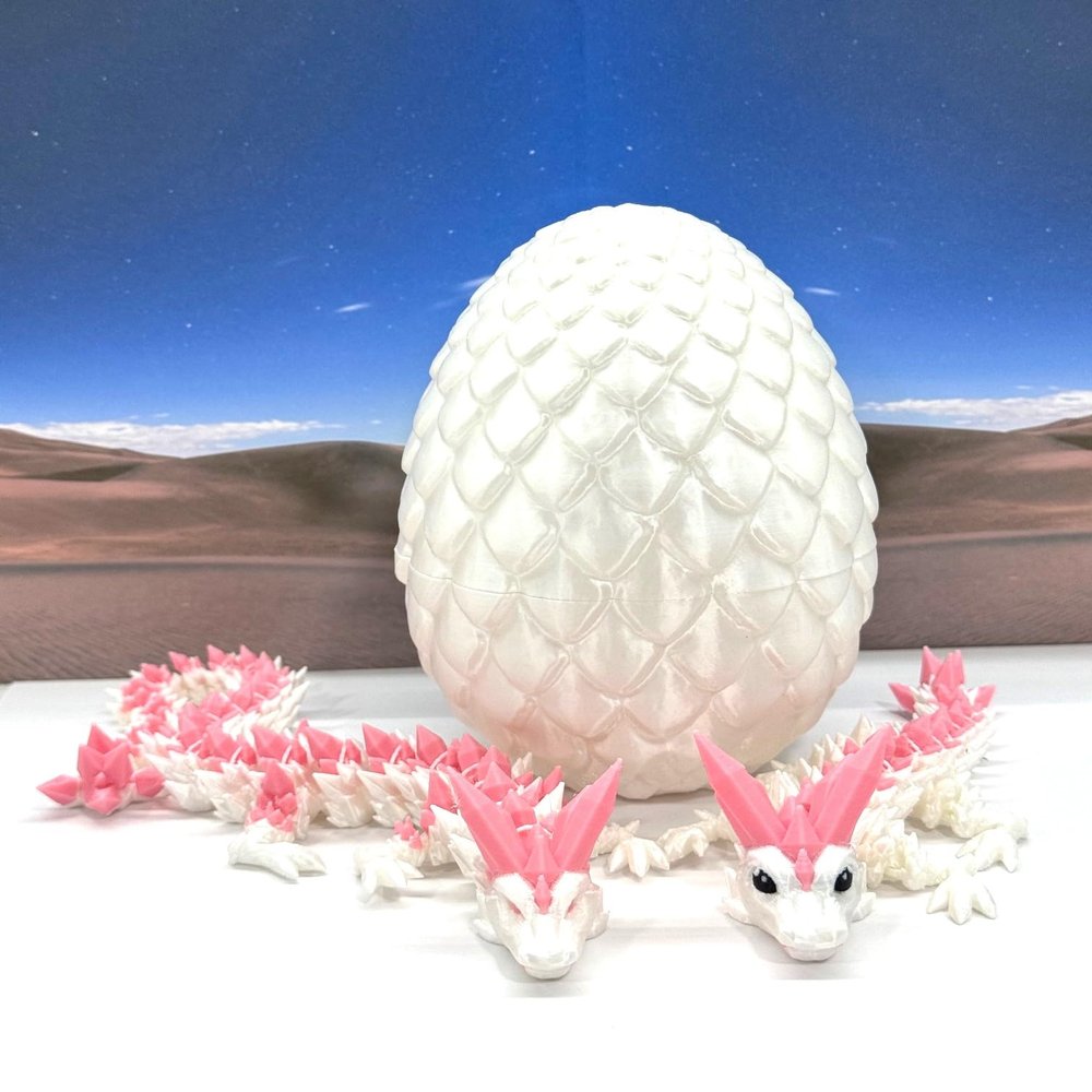 3D Printed Dragons with Dragon Egg, Articulated Mother and Child Dragons, White and Pink Crystal Dragons, Fidget ADHD Autism Toy MCD-062-007-WP-WE