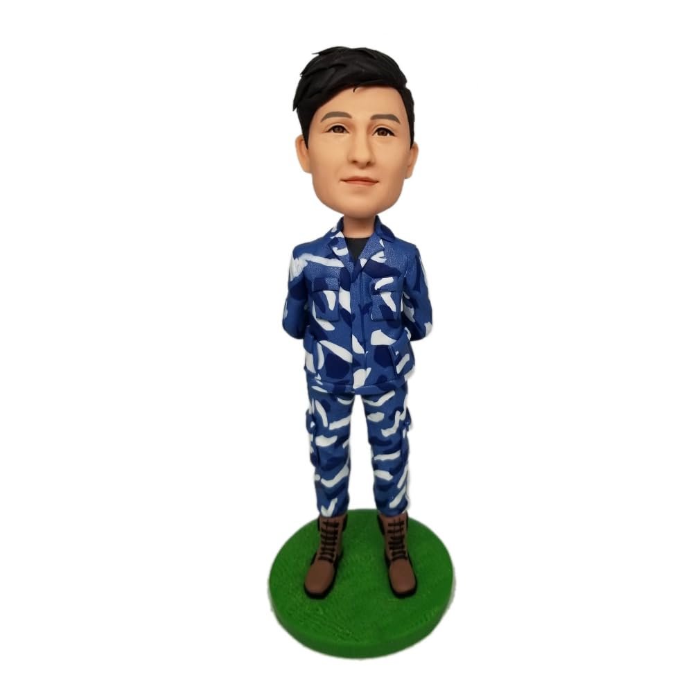 Customized Bobblehead Figurine, Blue Camo Print Outfit, Standing on Green Base Toy for Private Collectibles Sculpture 6.5 inches Handmade Clay Figurine