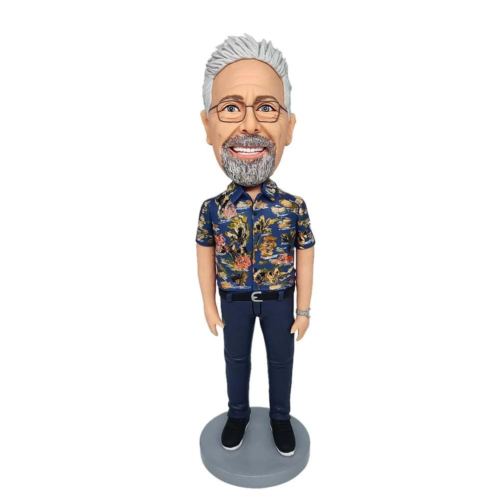 Bobblehead Figure Casual Outfit with Floral Shirt, Jeans, and Glasses Toy for Private Collectibles Sculpture 6.4 inches Handmade Clay Figurine