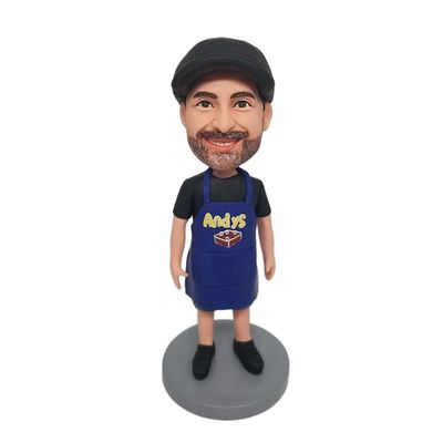 Personalized Bobblehead Figurine, Male with Black Cap and Blue Apron Toy for Private Collectibles Sculpture Each nches Handmade Clay Figurine
