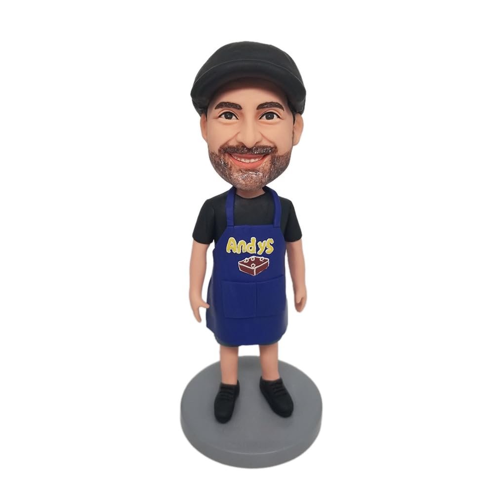 Personalized Bobblehead Figurine, Male with Black Cap and Blue Apron Toy for Private Collectibles Sculpture Each nches Handmade Clay Figurine