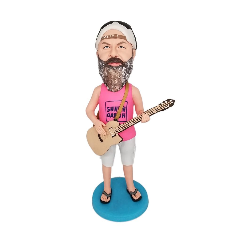 Custom Bobblehead Figurine of Man with Beard, Guitar, and Casual Outfit Toy for Private Collectibles Sculpture Each nches Handmade Clay Figurine