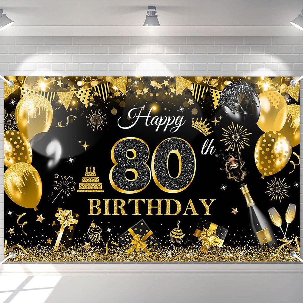 Avezano Happy 80th Birthday Banner for Men Black and Gold Glitter Balloon 80 Birthday Party Backdrop 80 Year Old Bday Photo Backdrop Party Supplies 70.8 x 43.3 Inch