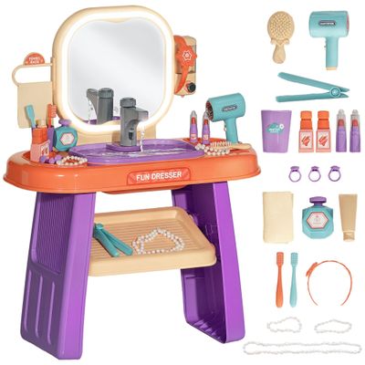 Qaba Kids Vanity Set, Toddler Makeup Table with Faucet, Mirror, LED Light, Music, 23 Accessories, Pretend Play Set for Girls 3-6 Years, Purple