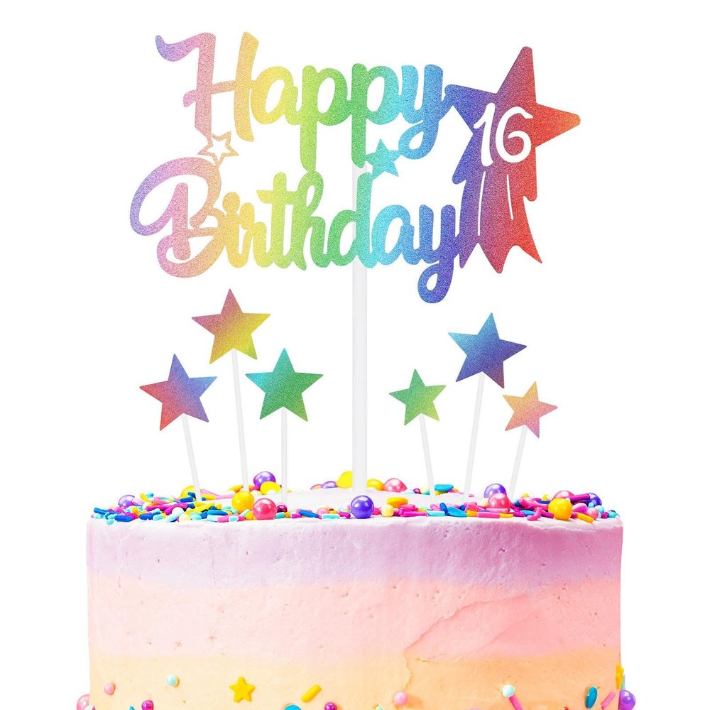 iNINGER Rainbow Cake Toppers,Rainbow Birthday Cake Toppers,16th Birthday Decoration,Happy Birthday Cake Topper Number 16,Rainbow Glitter Happy Birthday Cake Deco
