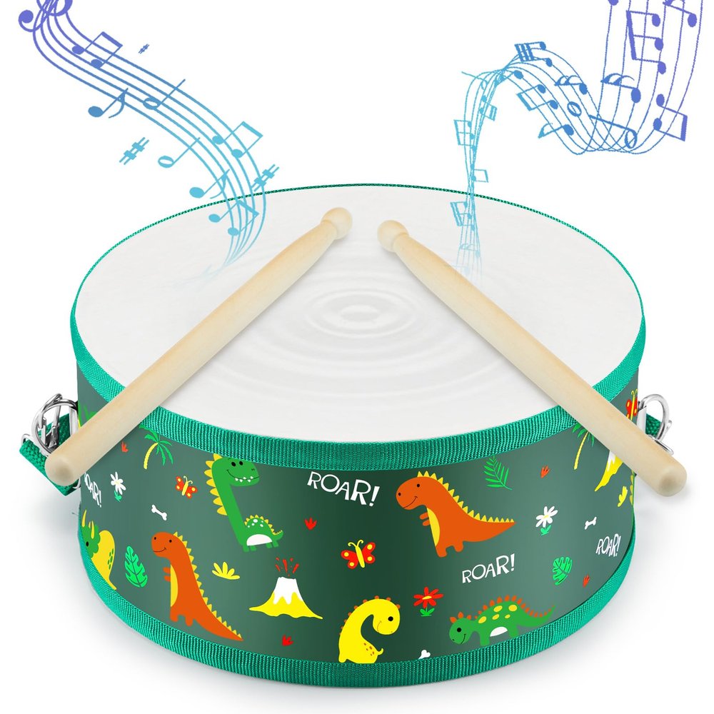 Boao 1 PC Kids Drum Set, 8 Inch Toddler Drum Wooden Toy with Adjustable Strap and 2 Drumsticks, Educational Sensory Musical Instrument for Toddlers Kid Baby Boys Girls Gift(Dinosaur)