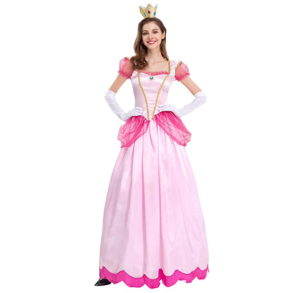 AGYMNX Womne's Princess Peach Costume with Crown and Gloves Halloween Birthday Party Dress up Fancy Costume Cosplay Outfit Pink XL