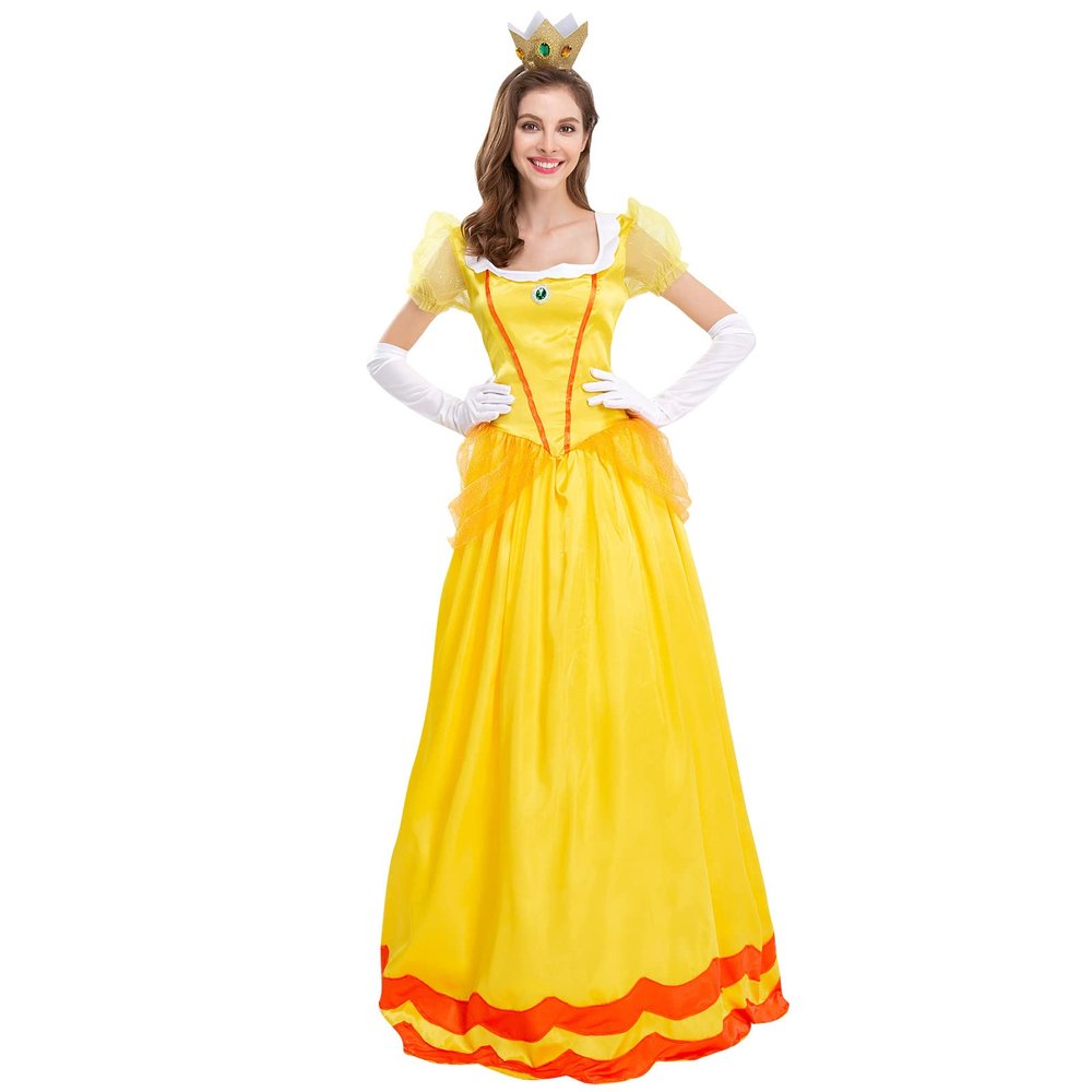 AGYMNX Womne's Princess Peach Costume with Crown and Gloves Halloween Birthday Party Dress up Fancy Costume Cosplay Outfit Yellow Large