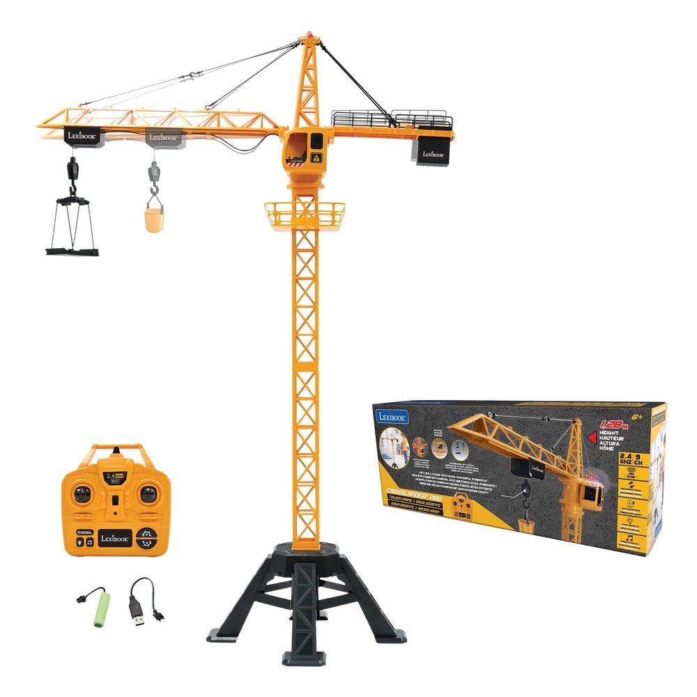 LEXiBOOK, Crosslander Pro, RC Crane, Remote-Controlled Tower Crane, Height 4.20 ft, Lifts up to 1.10 lb, Multidirectional, Sound and Light Effects, Yellow, RCP35