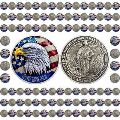 100 PCS Veteran Challenge Coins Bulk - Thank You for Your Service Coin, Military Appreciation Coin, Double-Sided Veterans Coin with Bald Eagle and Soldier Design for Veteran Thank You Gifts