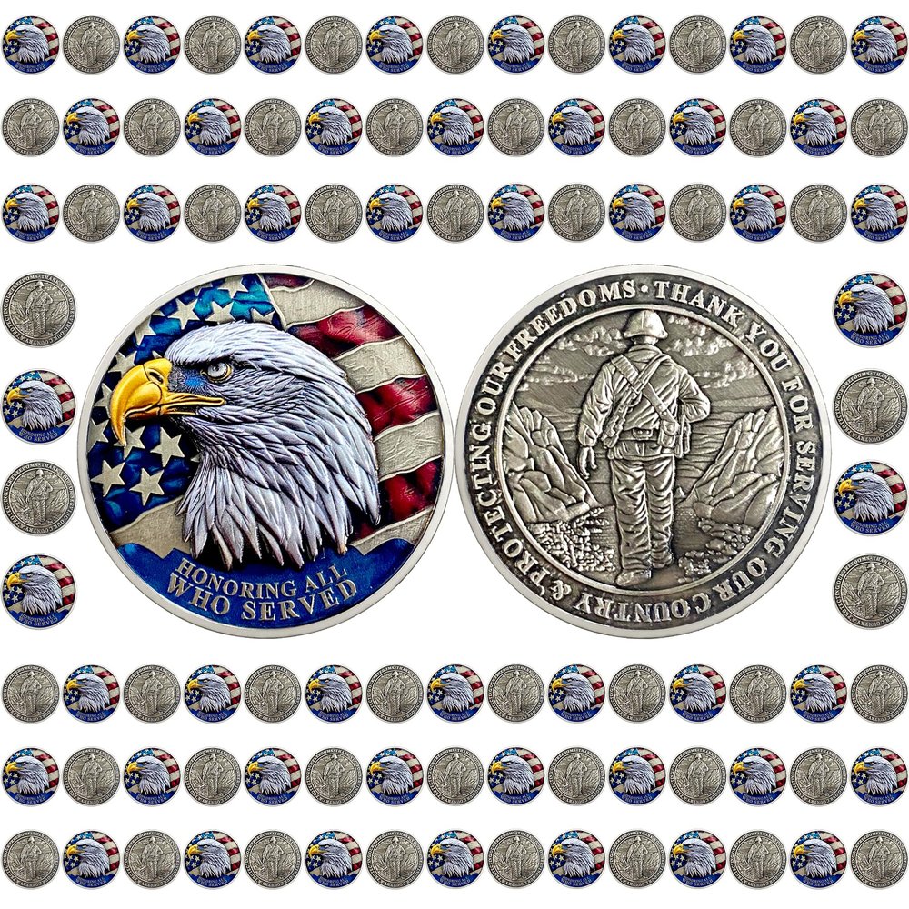 100 PCS Veteran Challenge Coins Bulk - Thank You for Your Service Coin, Military Appreciation Coin, Double-Sided Veterans Coin with Bald Eagle and Soldier Design for Veteran Thank You Gifts