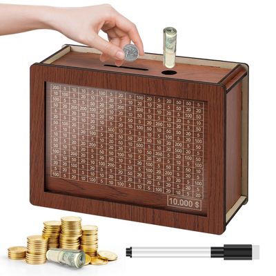 10000 Savings Challenge Box, Kakeibo Money Box for Cash Saving, Wooden Piggy Bank for Adults, Money Saving Box 10,000 Dollar, Novel Money Saver Box, Digital Coin Bank (Brown)