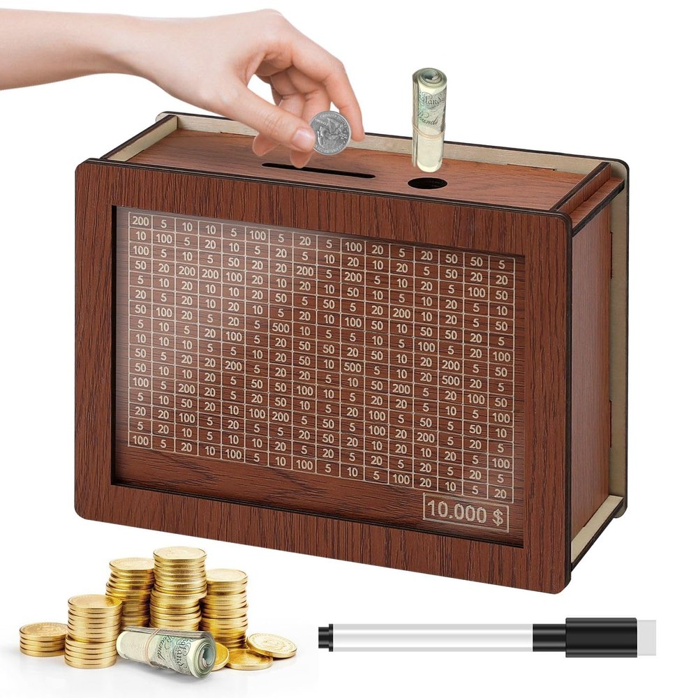 10000 Savings Challenge Box, Kakeibo Money Box for Cash Saving, Wooden Piggy Bank for Adults, Money Saving Box 10,000 Dollar, Novel Money Saver Box, Digital Coin Bank (Brown)