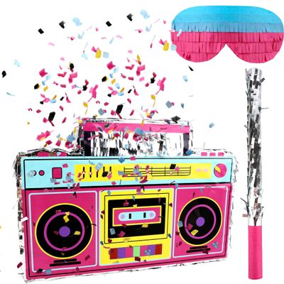 80s 90s Radio Boombox Set Includes Boombox for Pinata and Bat Stick Blindfold Colored Confetti for 80s 90s Nostalgia Hip Hop Theme Party Supplies