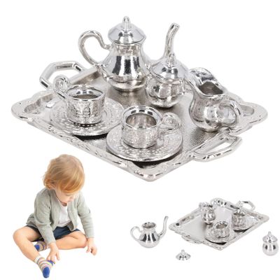Ckuakiwu Tiny Tea Set Mini Tea Set, Metal 1/12 Miniature Tea Set, Vintage Pattern Tiny Tea Set, Decorative Mini Tea Cups Tray Kit for Dollhouse Mini House Ornament