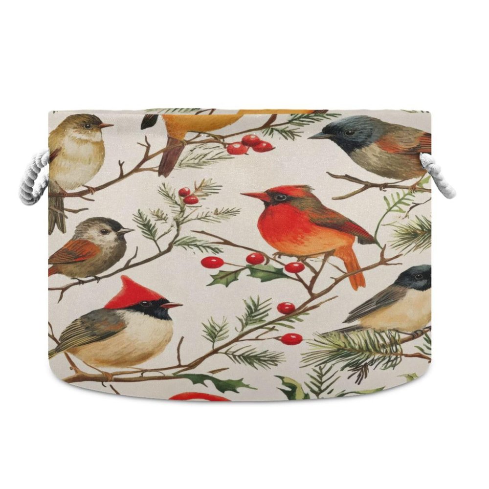 GOODOLD Christmas Birds Extra Large Storage Basket Decorative Laundry Basket with Handles, Rope Basket for Clothes, Blanket, Towel, 20 x 14 Inch