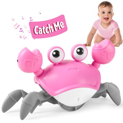 Hirger Crawling Crab Baby Girl Toy: Tummy Time Toys for Infant 3 6 9 12 18 24 36 Months, Pink Walking Dancing Sensing Crab for Toddler Age 1 2 3, 1st Music Birthday Gift for Girl