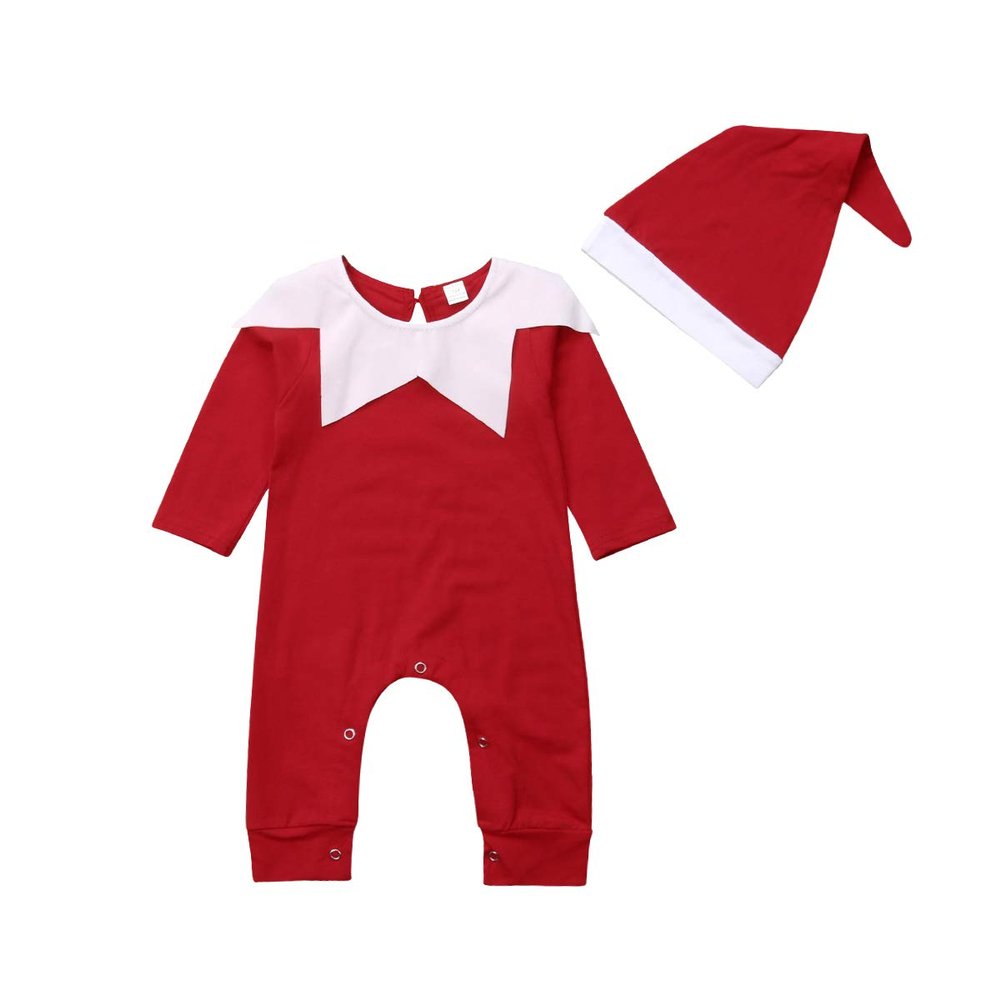 Gureui Newborn Baby Boy Girl Christmas Outfit Elf Costume with Hat Toddler Infant Long Sleeve Romper Onesie (A Red, 12-18 Months)