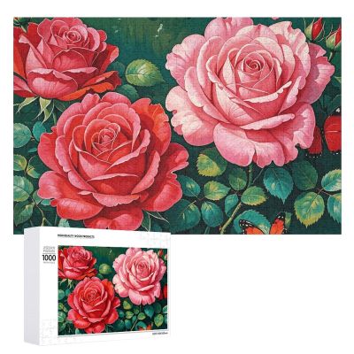 1000 PCS Jigsaw Puzzles Rose Butterflies Puzzles Personalized Puzzle for Adults Wooden Puzzle Custom Puzzles from Photos Picture Puzzle Classic Jigsaw Puzzle for Wedding Birthday Valentine's Day