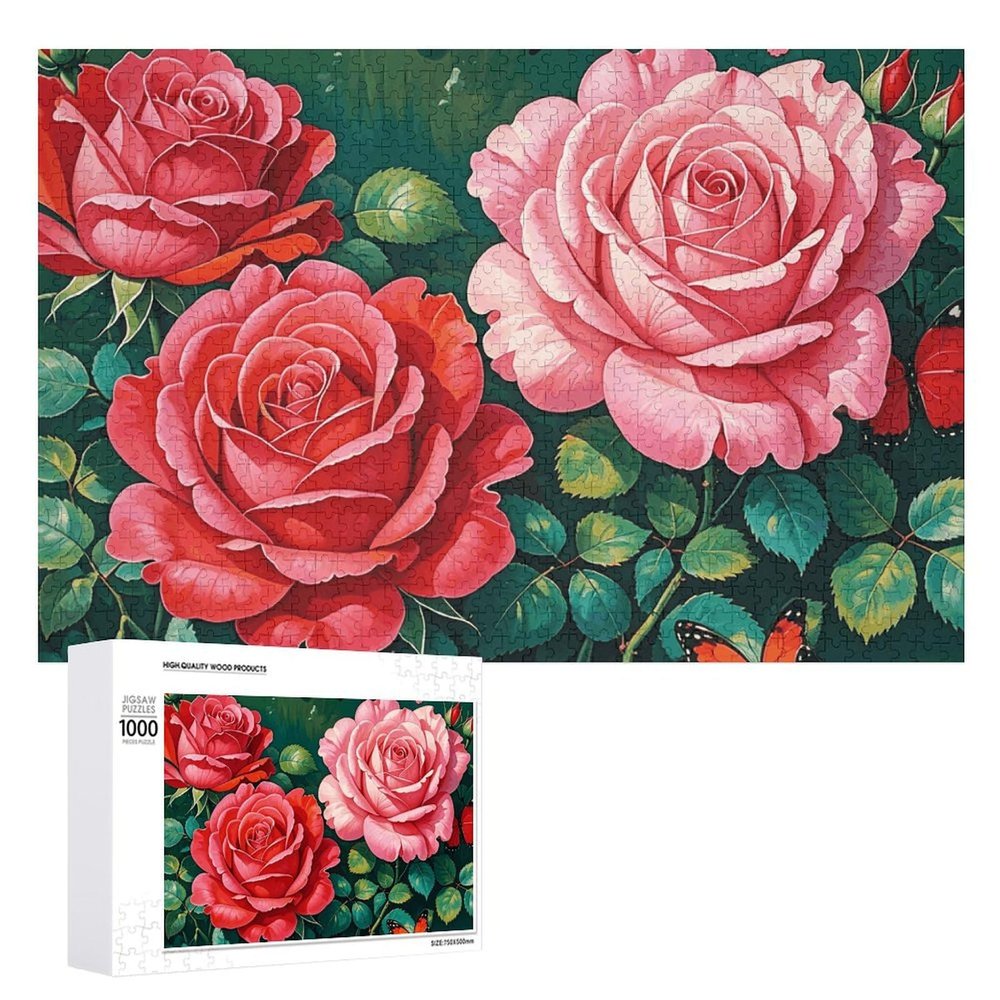 1000 PCS Jigsaw Puzzles Rose Butterflies Puzzles Personalized Puzzle for Adults Wooden Puzzle Custom Puzzles from Photos Picture Puzzle Classic Jigsaw Puzzle for Wedding Birthday Valentine's Day