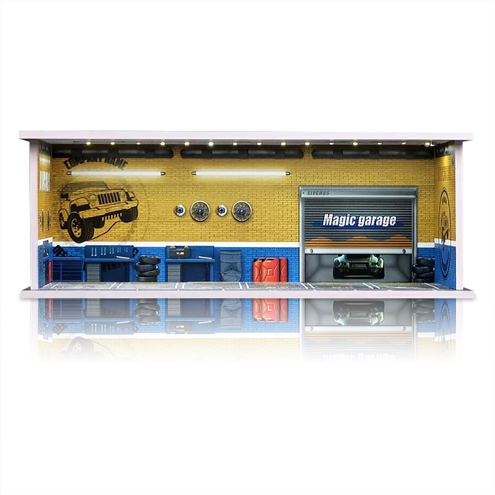 Saichotoy Display Case for Hot Wheels: Stackable Parking Garage for 1/64 Scale Matchbox Toy Car, FoamBoard Storage for Monster Trucks with LED Light and Acrylic Cover, Repair Store