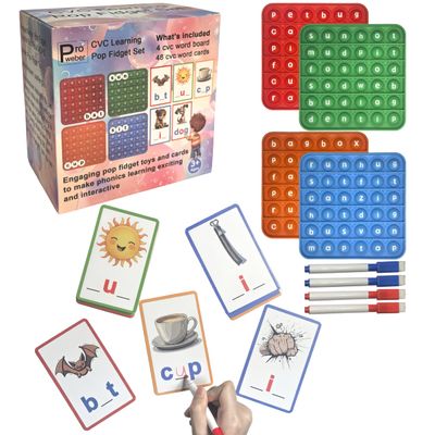 CVC Learning Pop Fidget Set with Flash Cards - Educational Spelling and Reading Game for Preschool and Kindergarten, Includes Colorful Erasable Pens and Fidget Boards