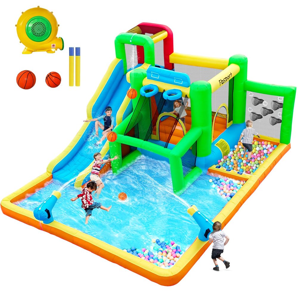FBSPORT Inflatable Bounce House Water Slide, Bounce House for Kids Indoor Outdoor Bouncy House with 550W Blower, Bounce Castle with Slide Ball Shooting, Water Gun, Splash Pool, Bounce Area, Hose
